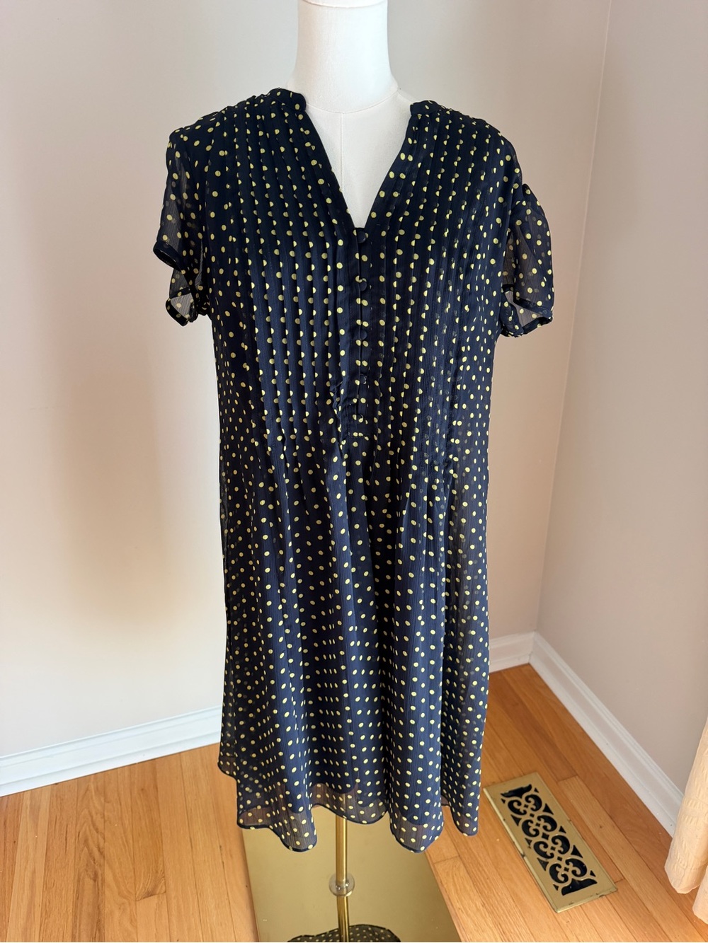 J.B.S. Navy Blue Short Sleeve V-Neck Dress with Yellow Dot Print